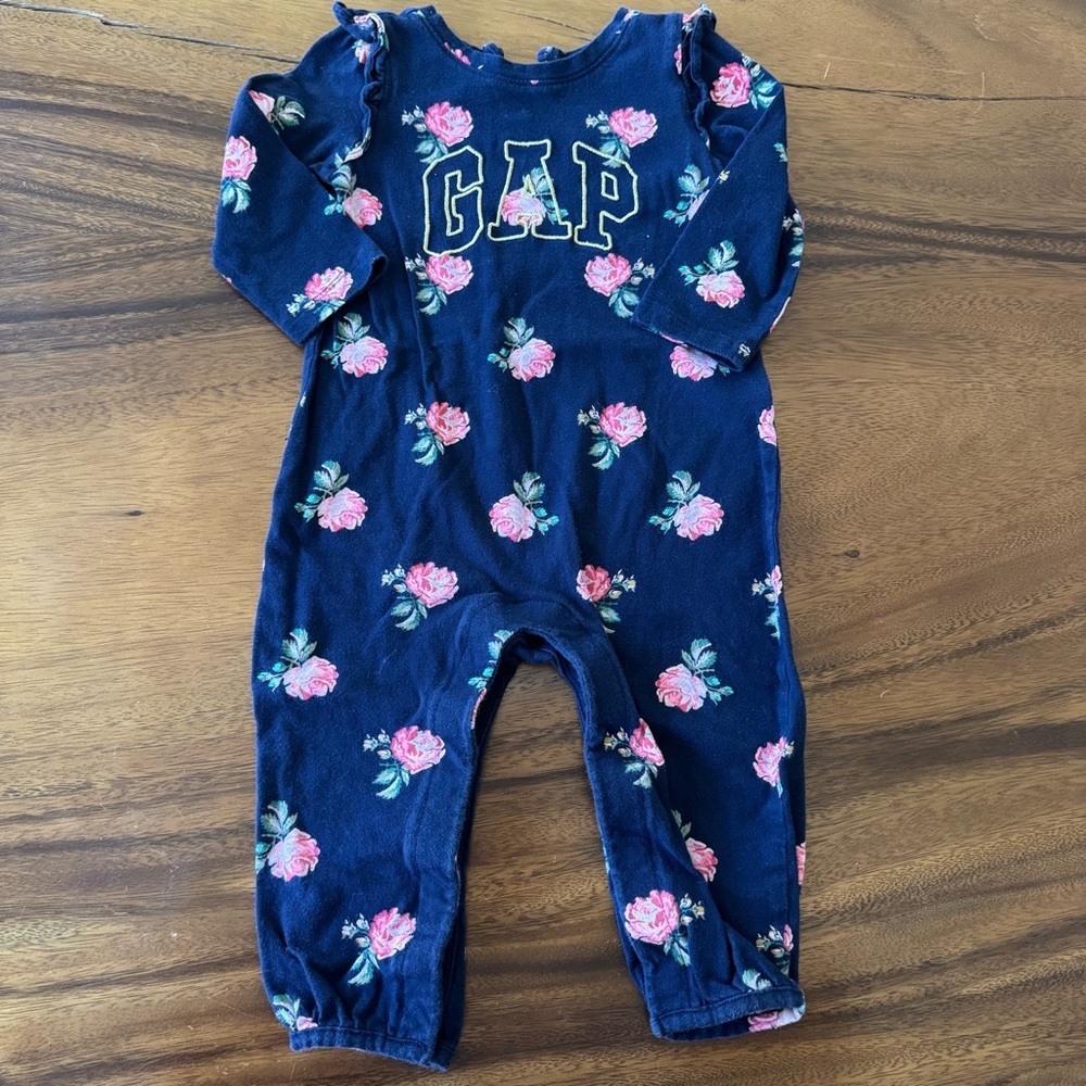 GAP Navy Blue Romper with Pink Floral Pattern 12-18M